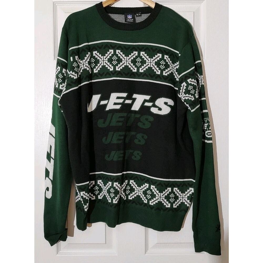 Men's New York Jets Ugly Christmas Sweater Green Black Crew Official NFL - XL